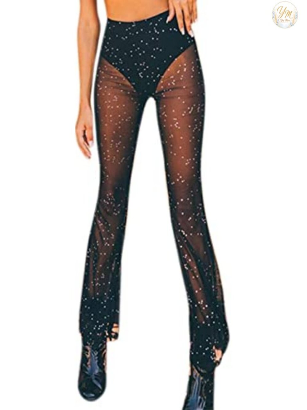 Sheer Mesh Sparkly Bell Bottom Pants High Waist Rave Festival Clubwear